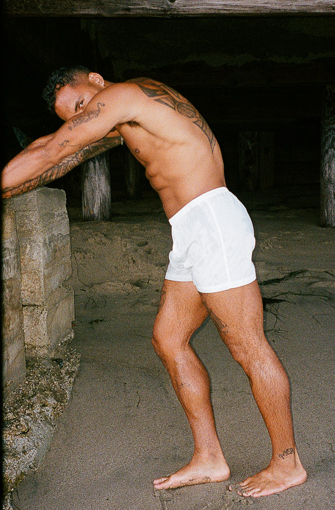 Model wearing white boxer short