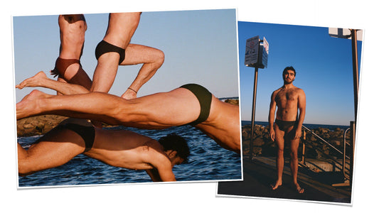 Image of 4 men jumping into water in swim briefs