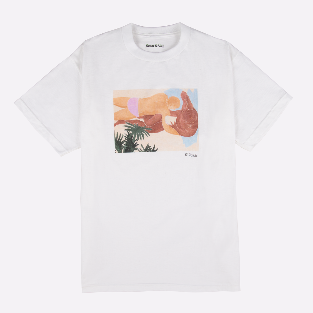 Image of white colored t-shirt with artwork printed on front.